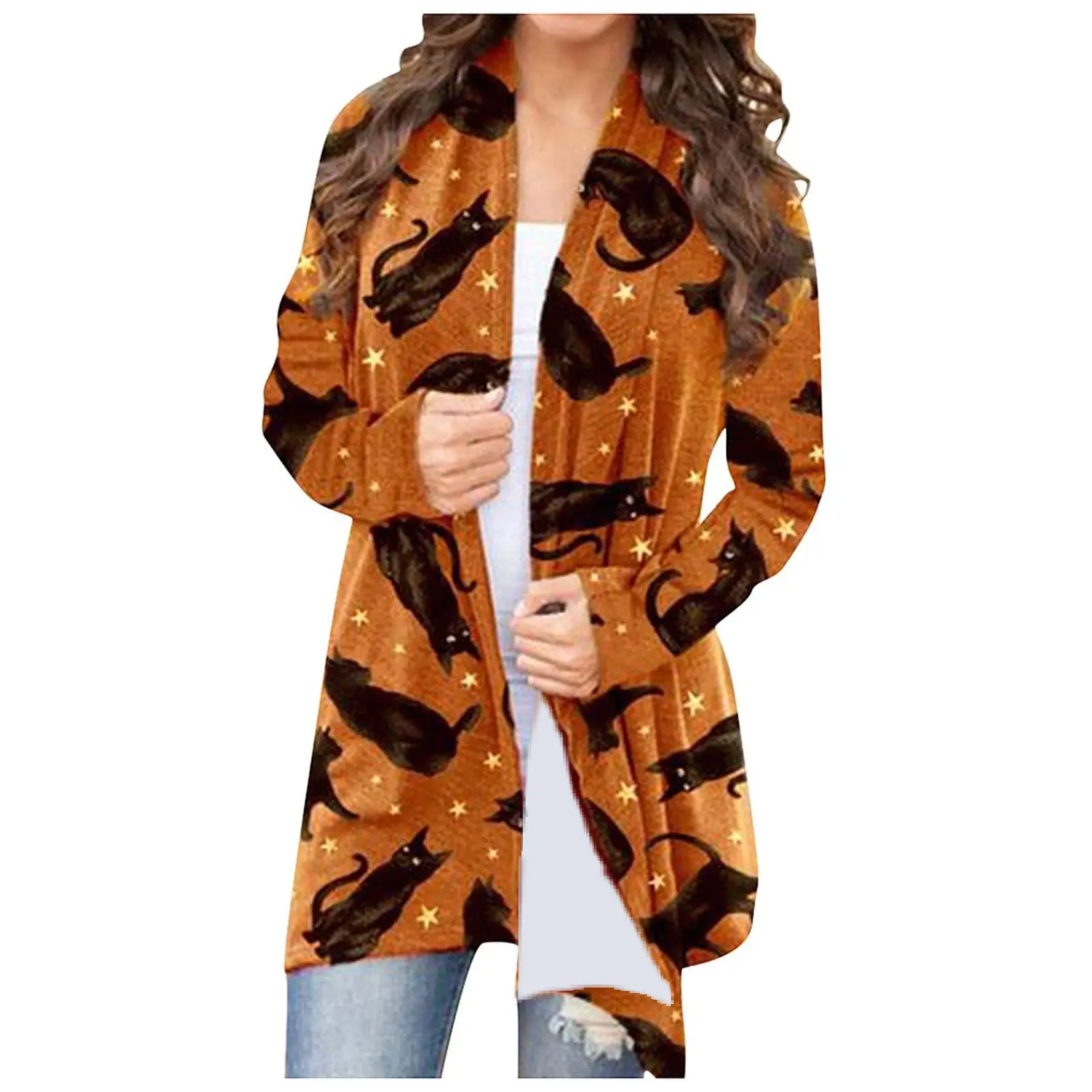 Women's Joker Printed Casual Coat Small Cardigan Orange - Image 10