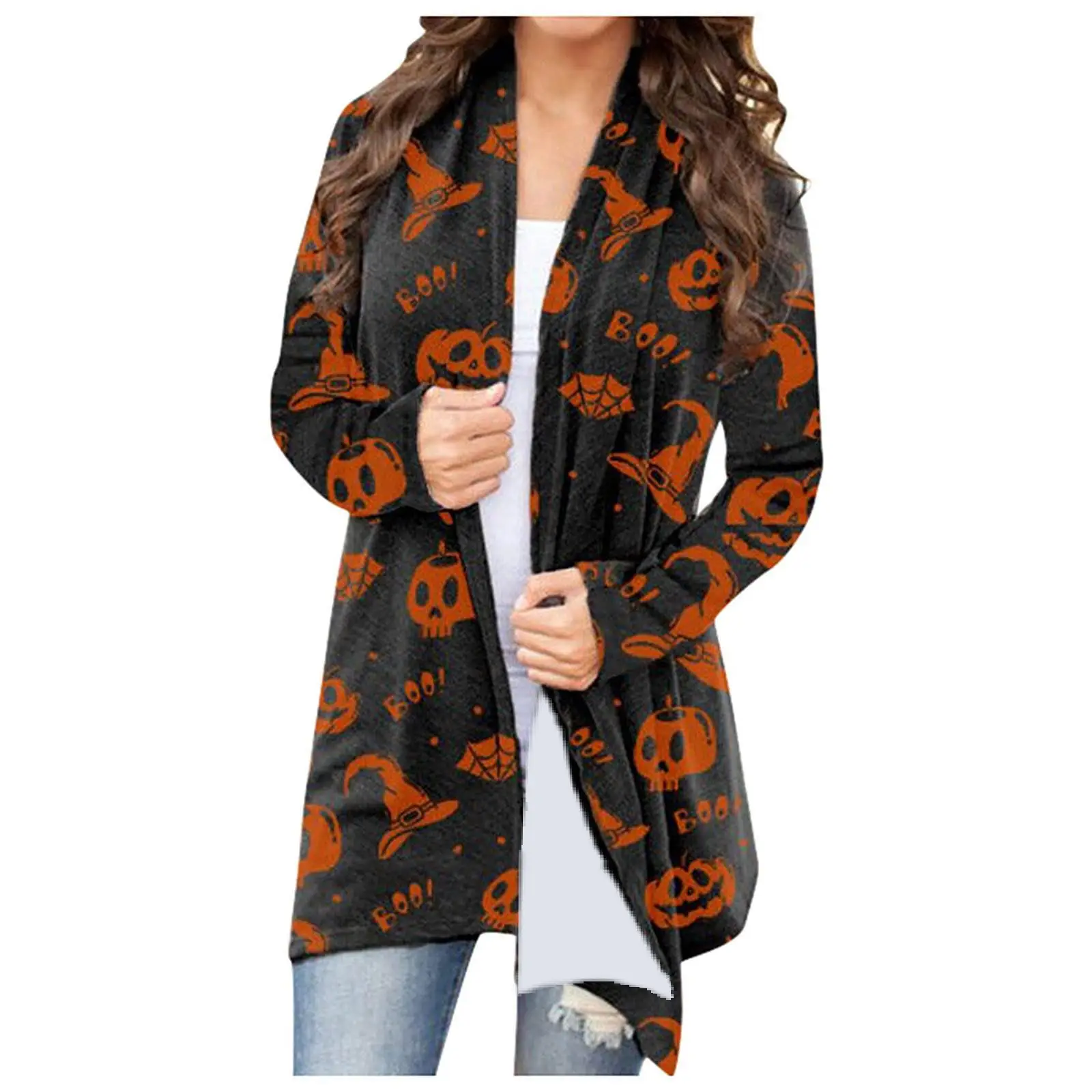 Women's Joker Printed Casual Coat Small Cardigan Orange - Image 11