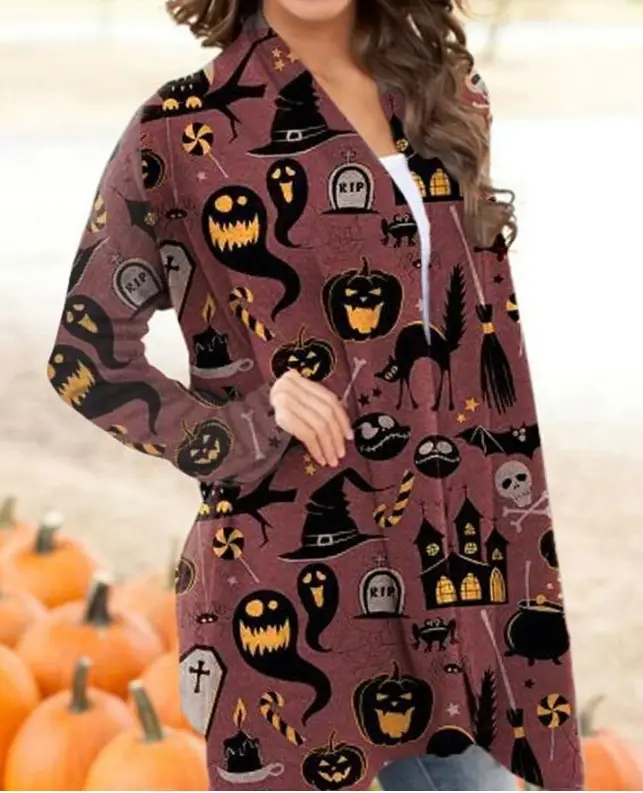 Women's Joker Printed Casual Coat Small Cardigan Orange - Image 16