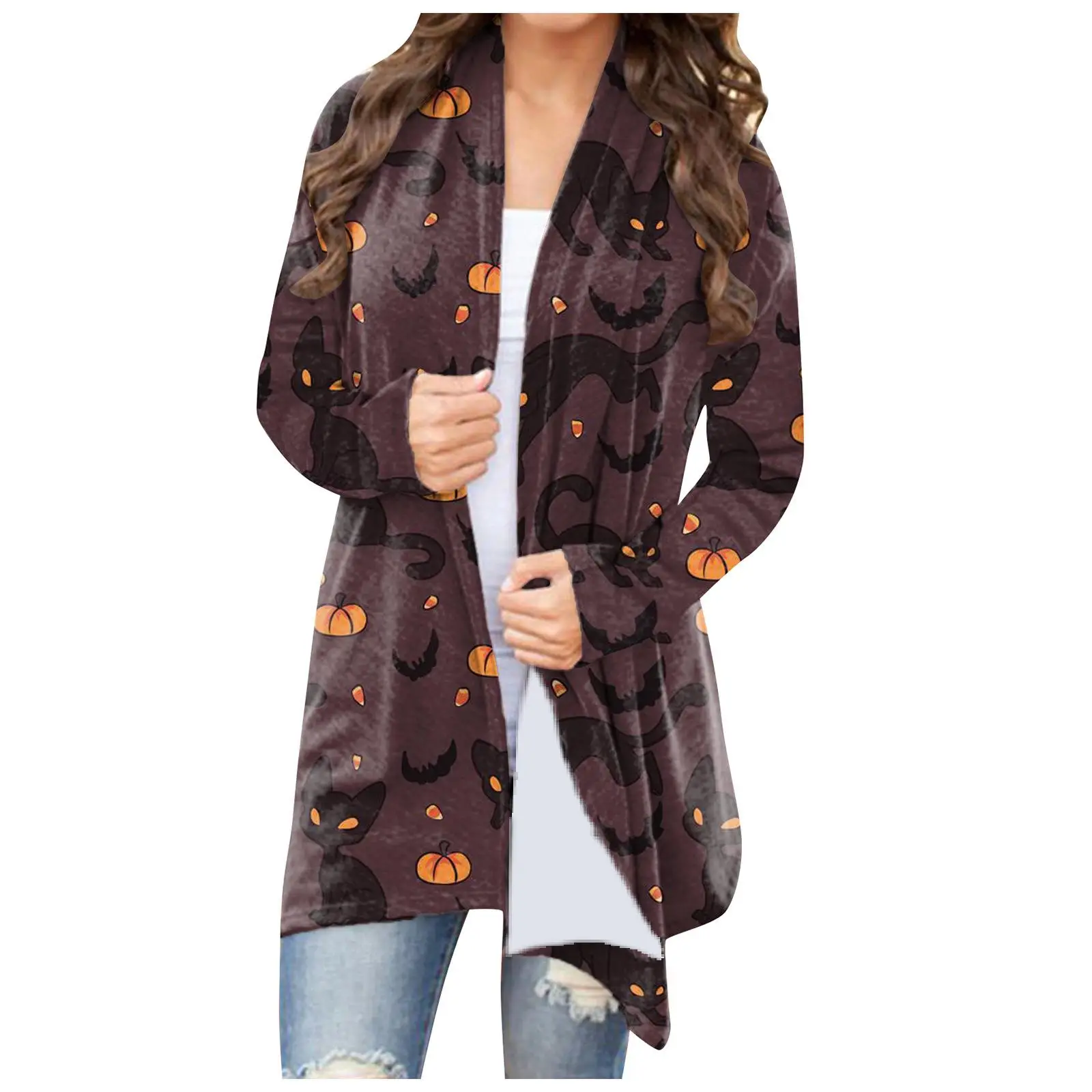 Women's Joker Printed Casual Coat Small Cardigan Orange - Image 3