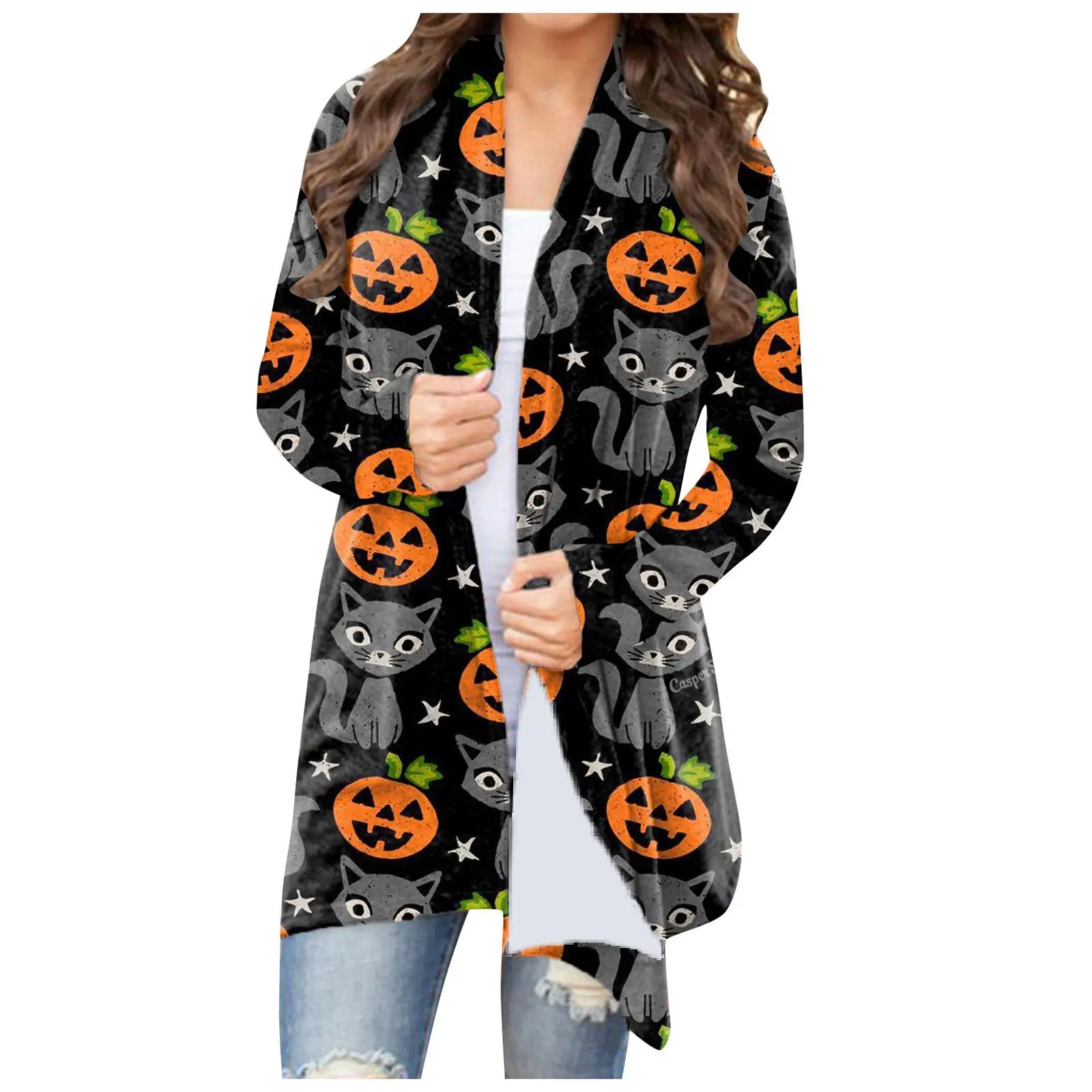 Women's Joker Printed Casual Coat Small Cardigan Orange - Image 4