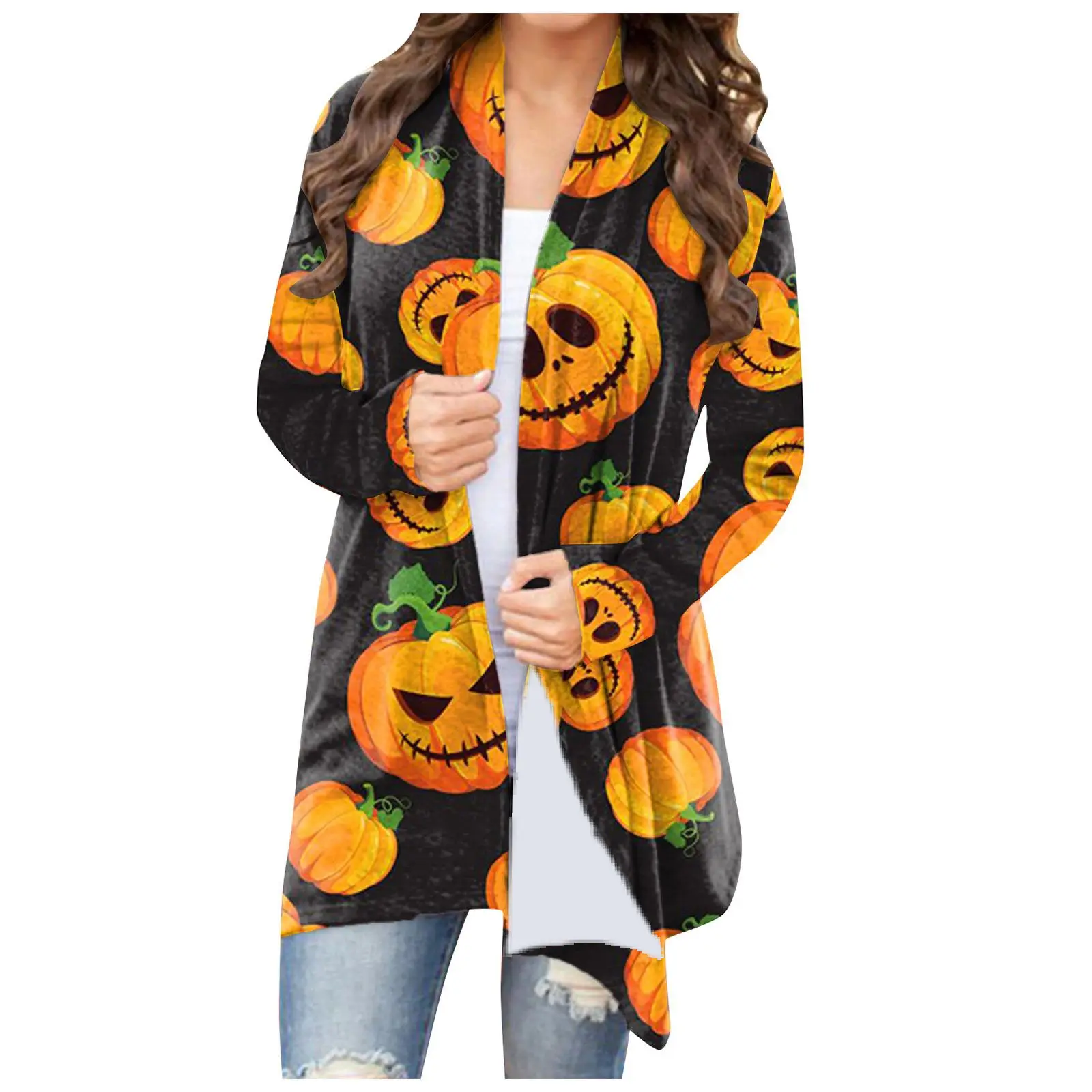 Women's Joker Printed Casual Coat Small Cardigan Orange - Image 5