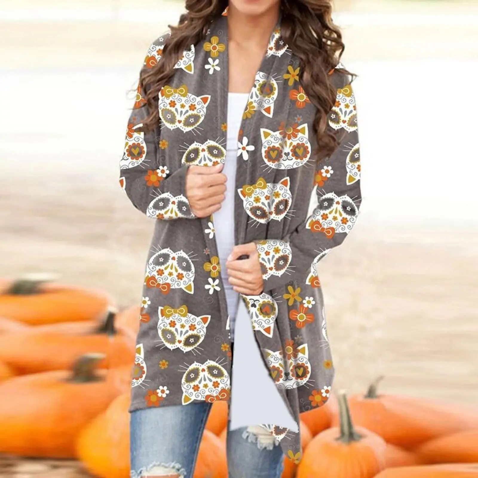 Women's Joker Printed Casual Coat Small Cardigan Orange - Image 9