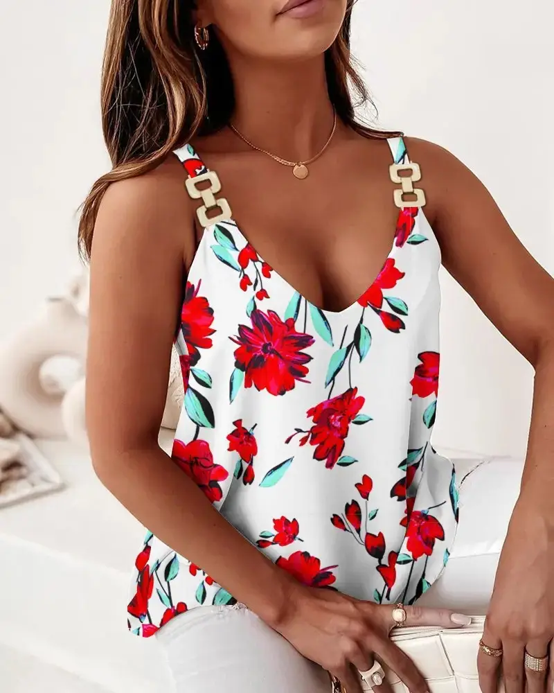 Women's Printed Sleeveless Vest Top Yellow White Pink Chain Strap - Image 4