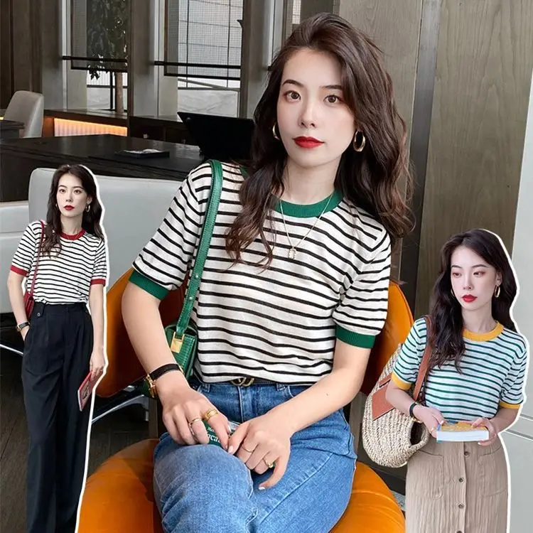 Women Ice Silk Striped Sweater Summer Top - Image 6