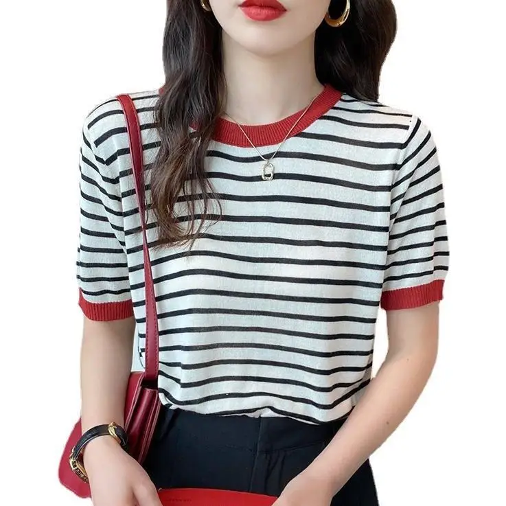 Women Ice Silk Striped Sweater Summer Top - Image 9