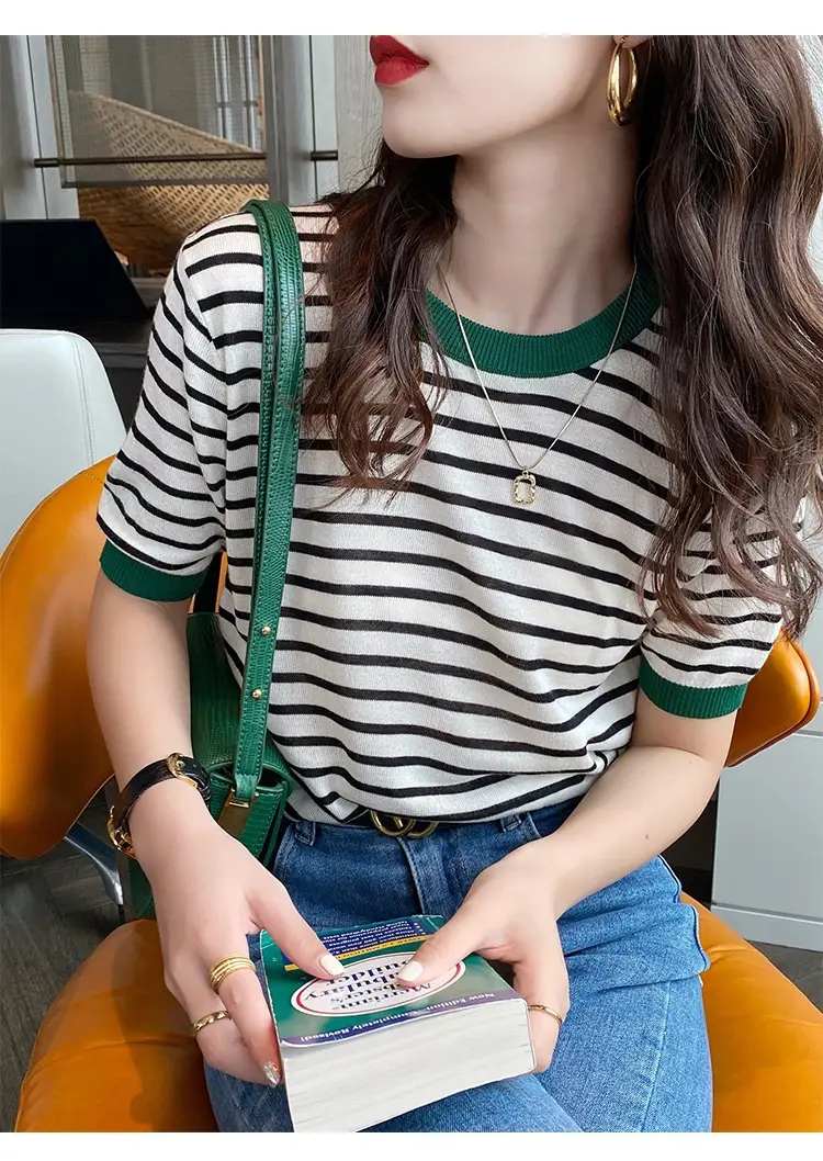 Women Ice Silk Striped Sweater Summer Top — feature 10
