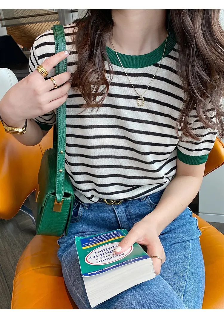 Women Ice Silk Striped Sweater Summer Top — feature 11