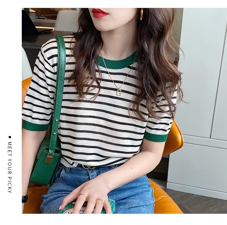 Women Ice Silk Striped Sweater Summer Top — feature 13