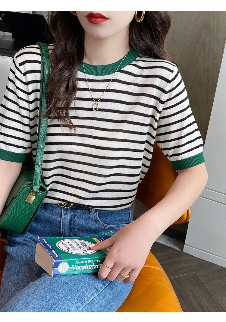 Women Ice Silk Striped Sweater Summer Top — feature 14