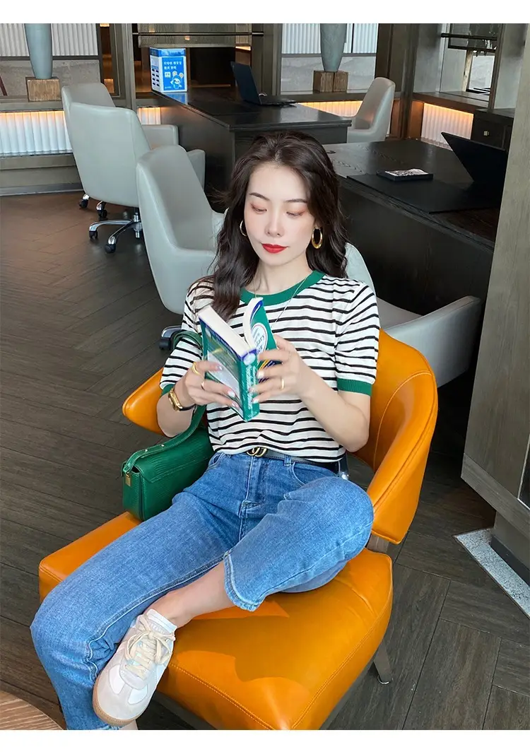 Women Ice Silk Striped Sweater Summer Top — feature 15
