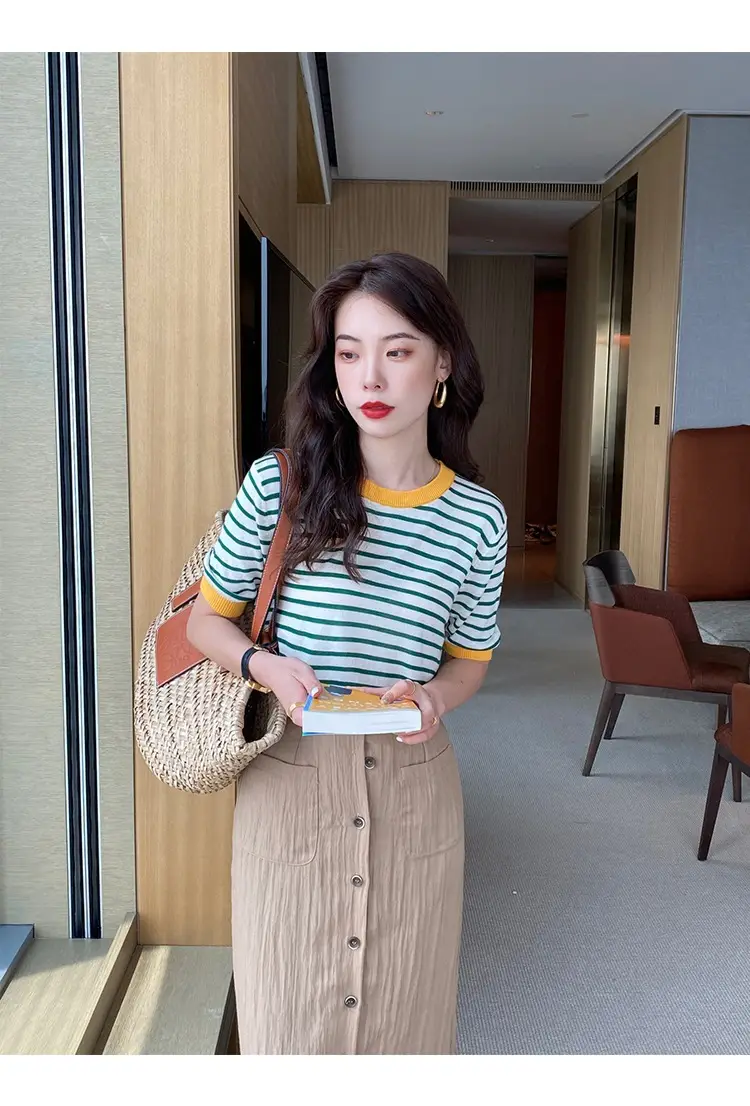 Women Ice Silk Striped Sweater Summer Top — feature 17