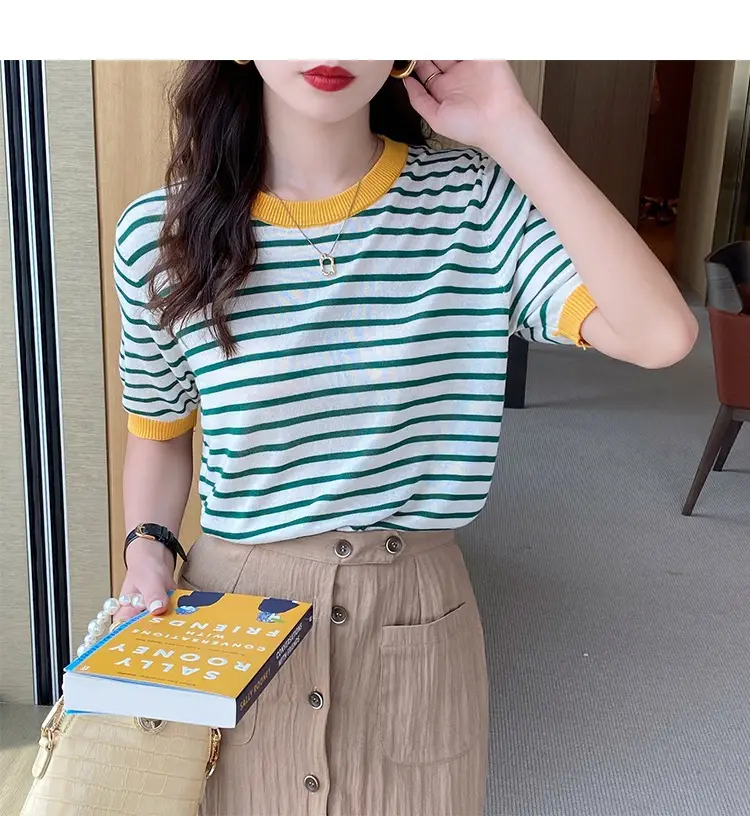 Women Ice Silk Striped Sweater Summer Top — feature 19