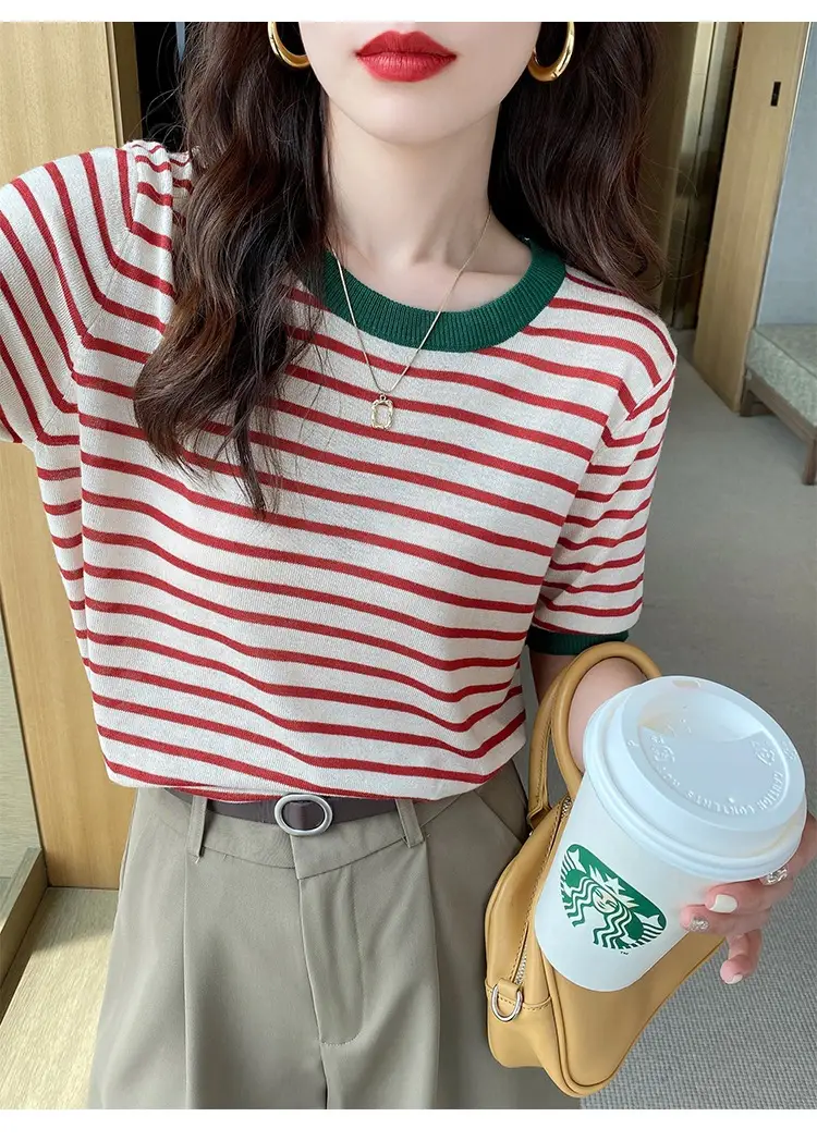 Women Ice Silk Striped Sweater Summer Top — feature 23