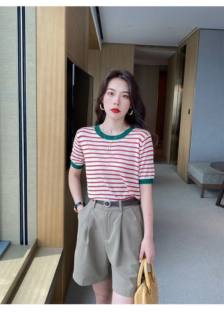 Women Ice Silk Striped Sweater Summer Top — feature 24