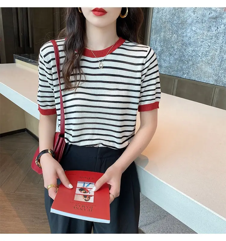 Women Ice Silk Striped Sweater Summer Top — feature 29
