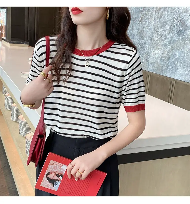 Women Ice Silk Striped Sweater Summer Top — feature 31