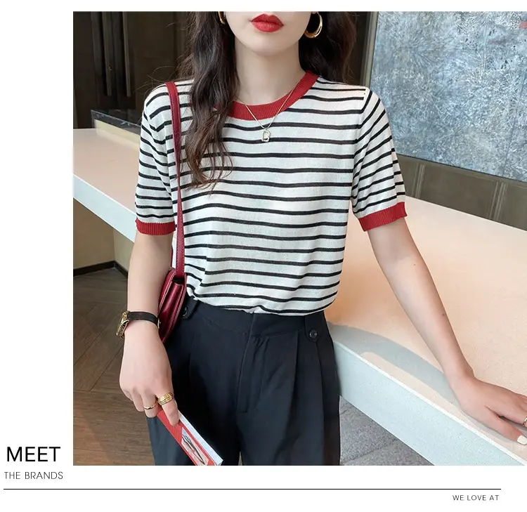 Women Ice Silk Striped Sweater Summer Top — feature 32