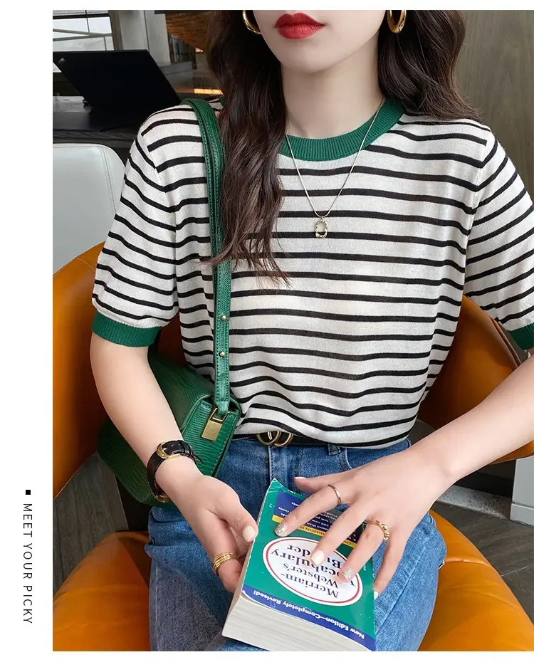 Women Ice Silk Striped Sweater Summer Top — feature 9
