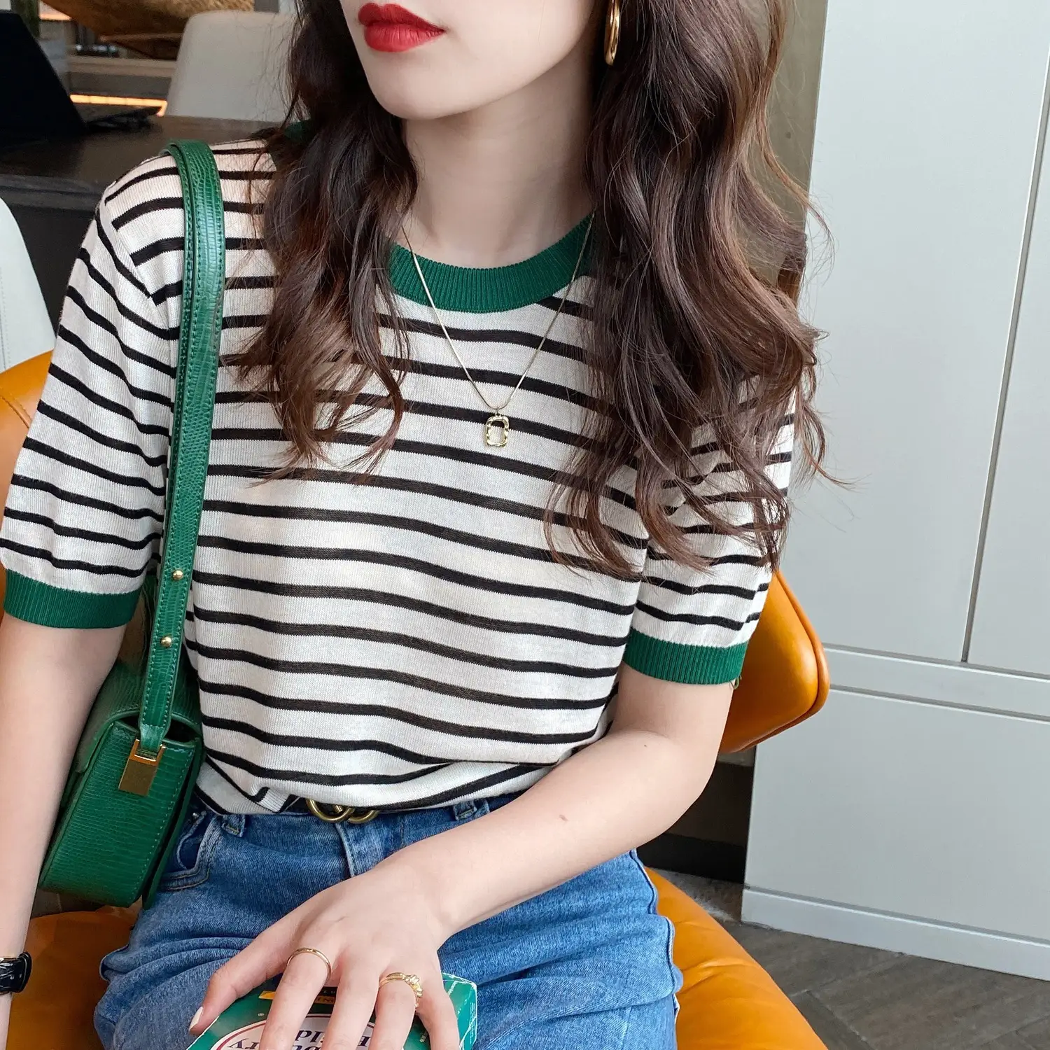 Women Ice Silk Striped Sweater Summer Top - Image 2