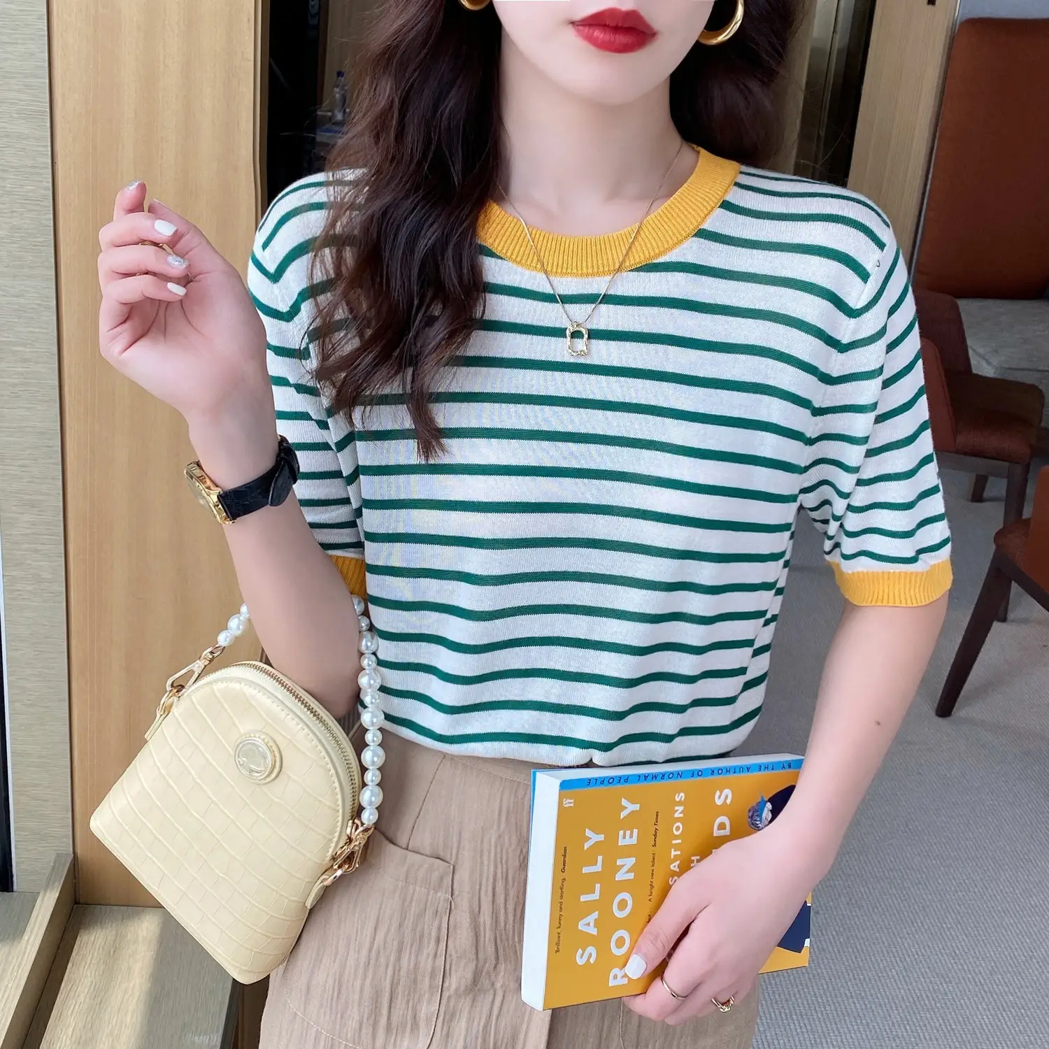 Women Ice Silk Striped Sweater Summer Top - Image 3