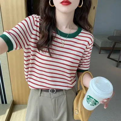 Women Ice Silk Striped Sweater Summer Top - Image 4