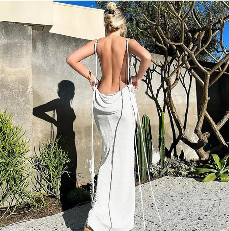 Black Backless Lace-Up Tube Top Dress