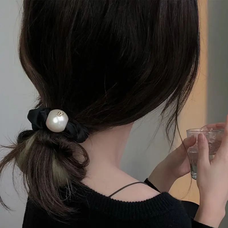 2025 Korean Style Black Pearl Hair Scrunchie with Crown - Image 5