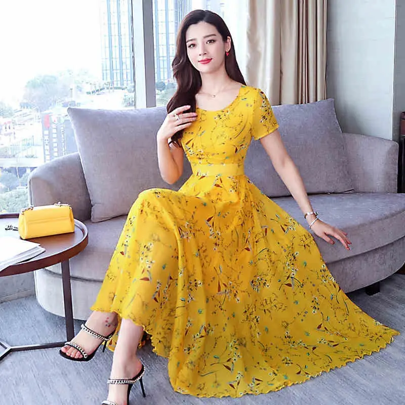Ice Silk Printed Medium Age Women Dress Blue Floral