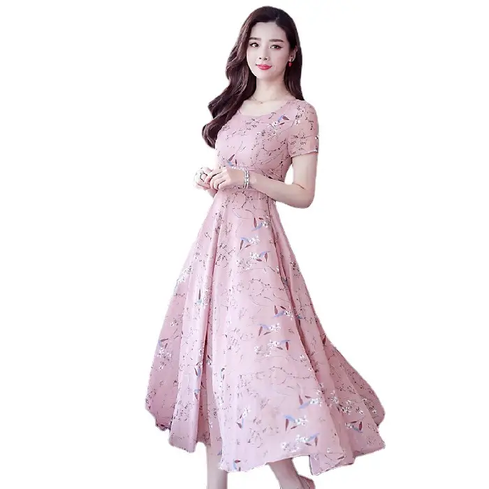 Ice Silk Printed Medium Age Women Dress Blue Floral