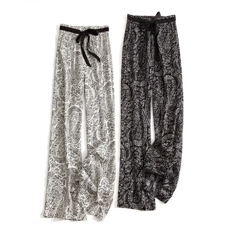Ice Silk Wide Leg Pants Women Summer Black White Paisley - Image 3