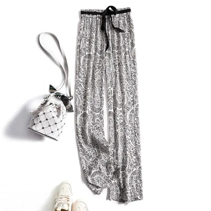 Ice Silk Wide Leg Pants Women Summer Black White Paisley - Image 4