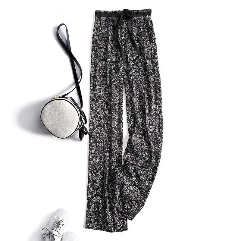 Ice Silk Wide Leg Pants Women Summer Black White Paisley - Image 5