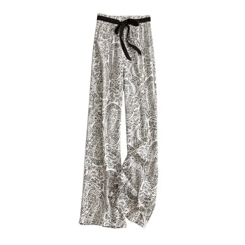 Ice Silk Wide Leg Pants Women Summer Black White Paisley - Image 7