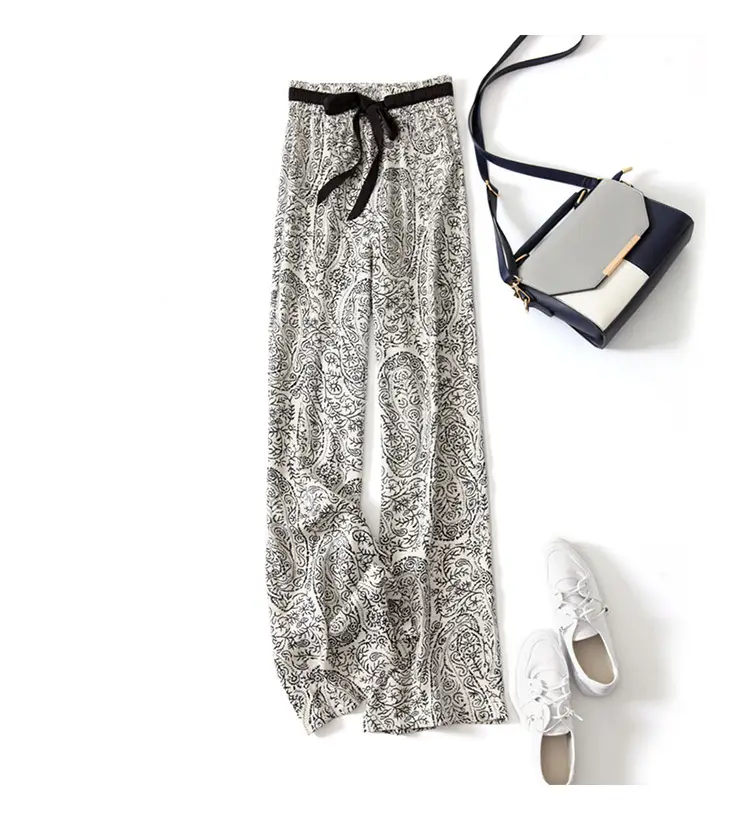 Ice Silk Wide Leg Pants Women Summer Black White Paisley — feature 13