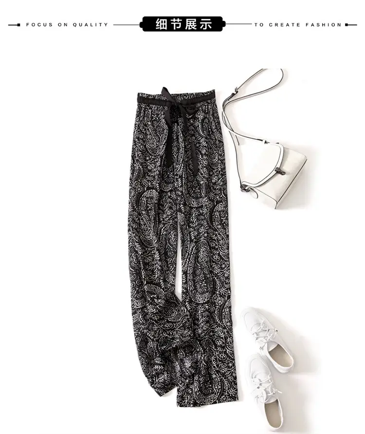 Ice Silk Wide Leg Pants Women Summer Black White Paisley — feature 7