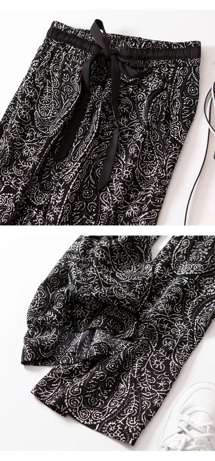 Ice Silk Wide Leg Pants Women Summer Black White Paisley — feature 8