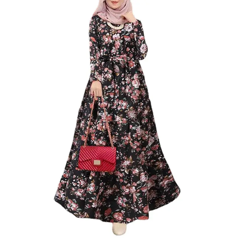 Elegant Floral Muslim Dress with Belt and Red Clutch