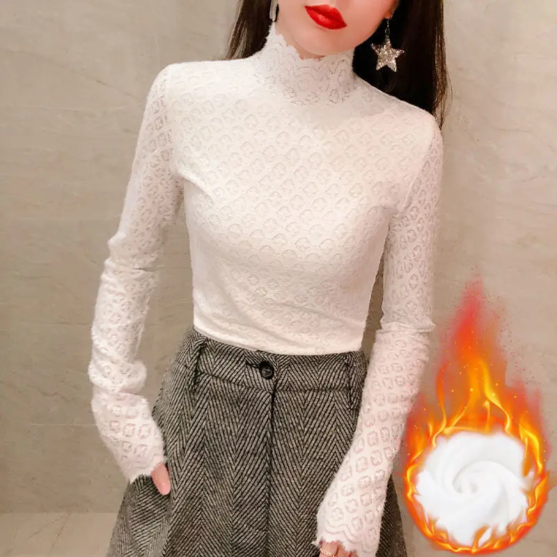 Women's White Lace Fleece Fingerless Gloves 2022 - Image 3