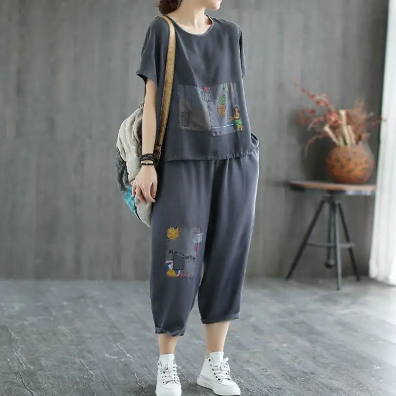 Women 2-Piece Summer Casual Suit Grey Loose Fit Large - Image 3