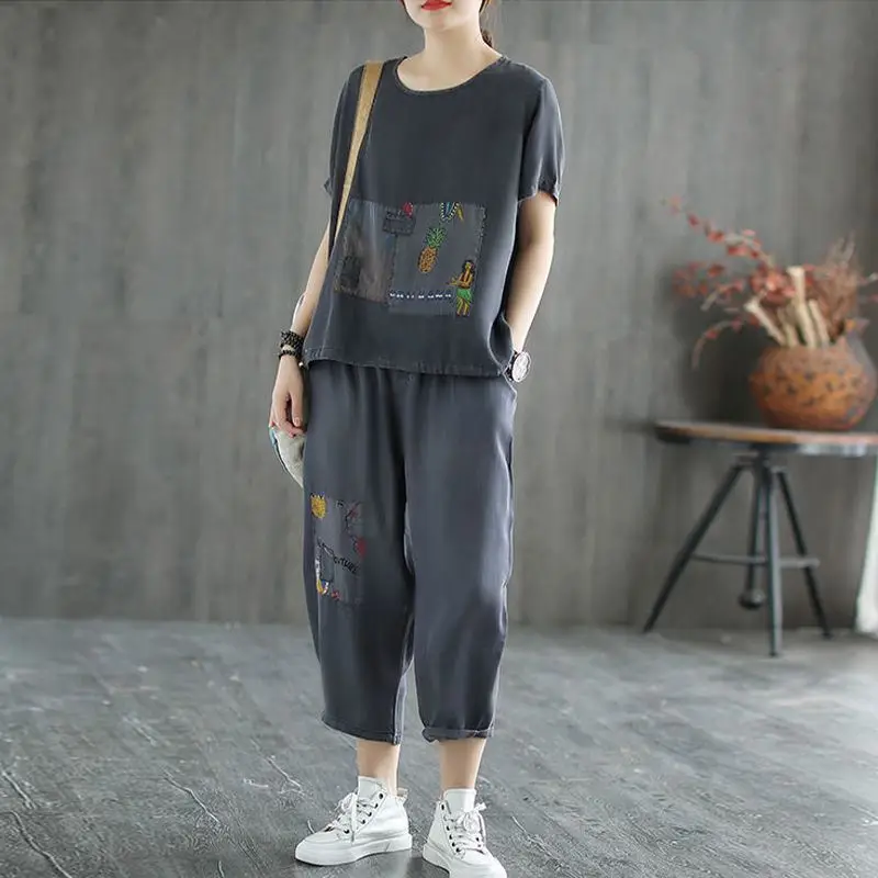 Women 2-Piece Summer Casual Suit Grey Loose Fit Large - Image 4