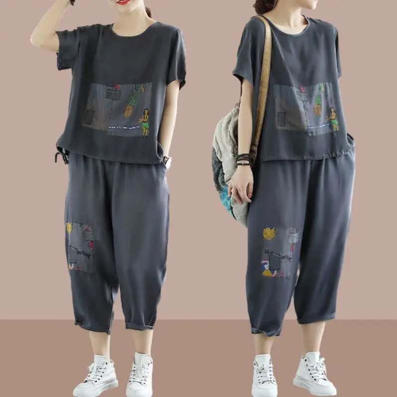 Women 2-Piece Summer Casual Suit Grey Loose Fit Large - Image 5