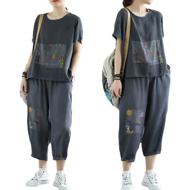 Women 2-Piece Summer Casual Suit Grey Loose Fit Large - Image 6