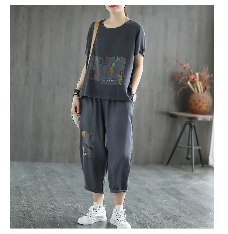 Women 2-Piece Summer Casual Suit Grey Loose Fit Large — feature 10