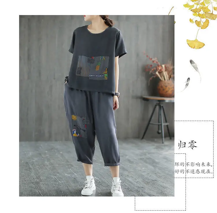 Women 2-Piece Summer Casual Suit Grey Loose Fit Large — feature 11
