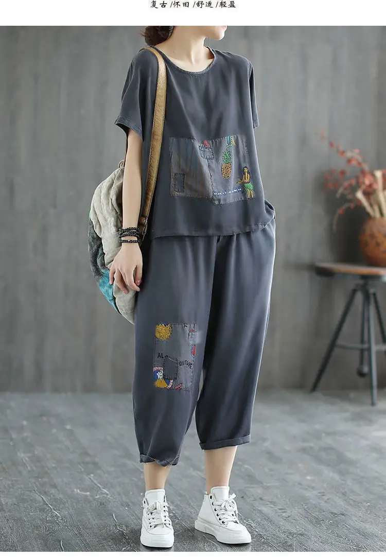 Women 2-Piece Summer Casual Suit Grey Loose Fit Large — feature 2