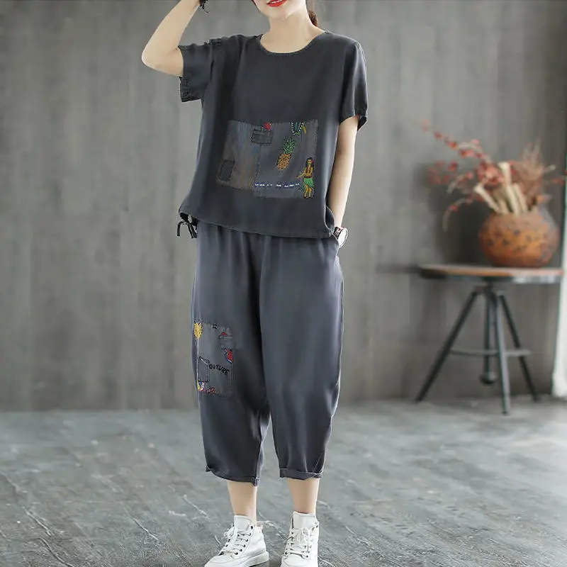 Women 2-Piece Summer Casual Suit Grey Loose Fit Large — feature 6