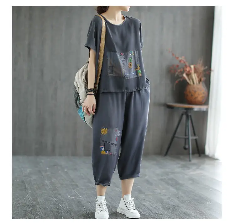 Women 2-Piece Summer Casual Suit Grey Loose Fit Large — feature 9