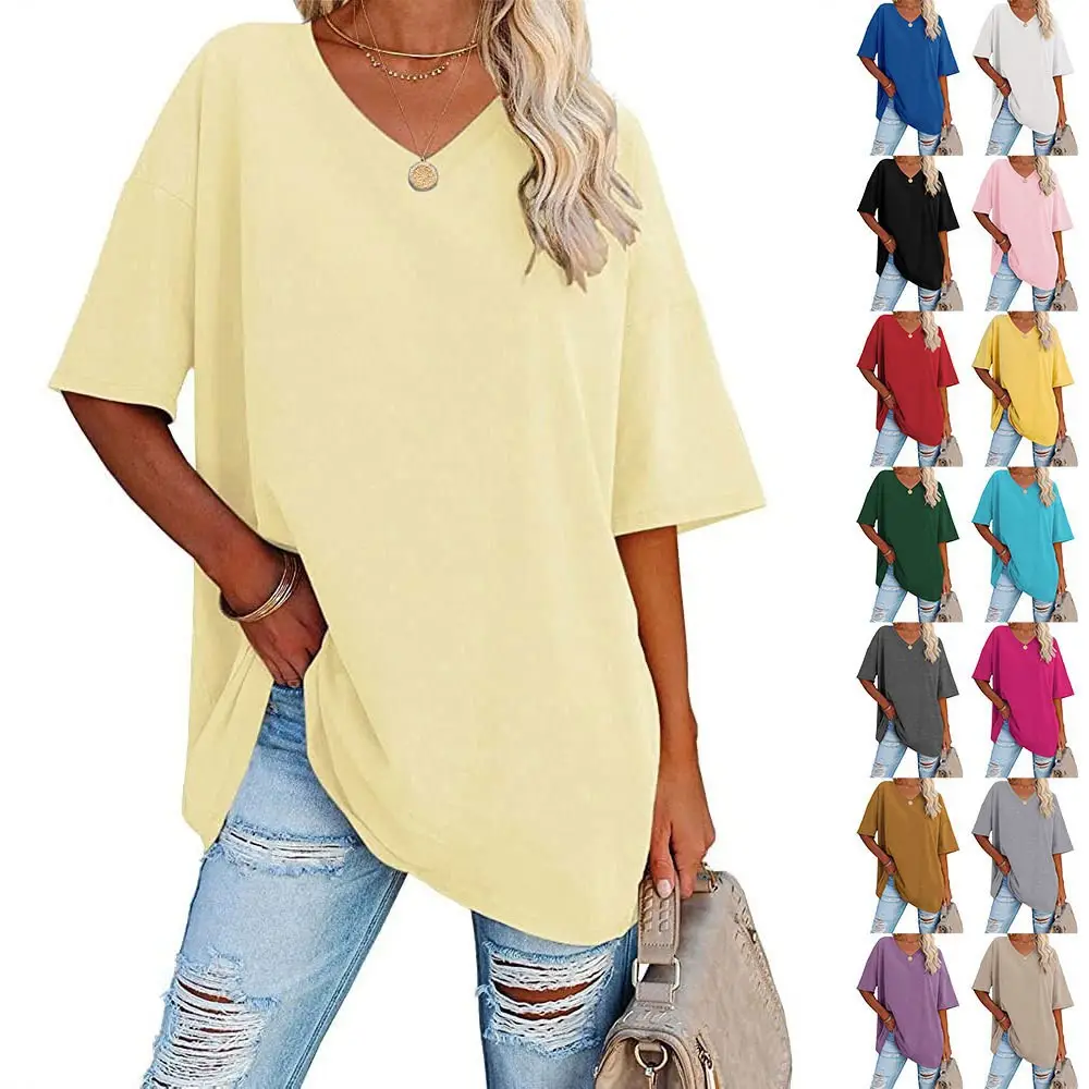 Women Cotton V-Neck Loose Top Yellow - Image 16