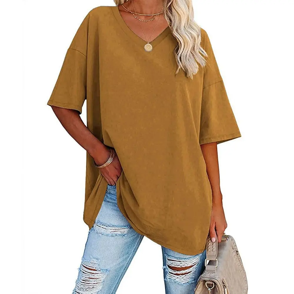 Women Cotton V-Neck Loose Top Yellow - Image 10